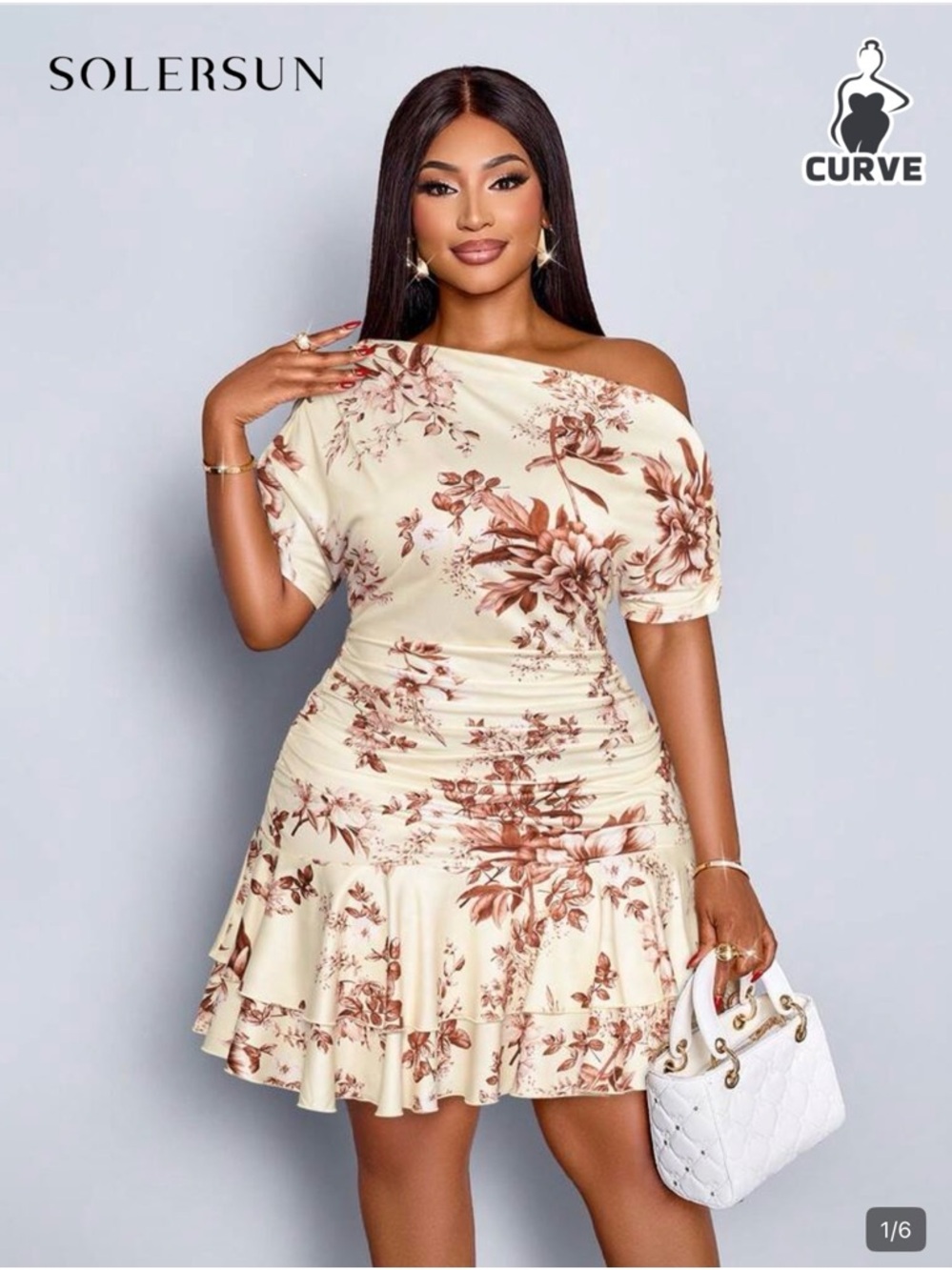 SHEIN Cream One-Shoulder Floral Ruffle Hem Dress with Burgundy Print